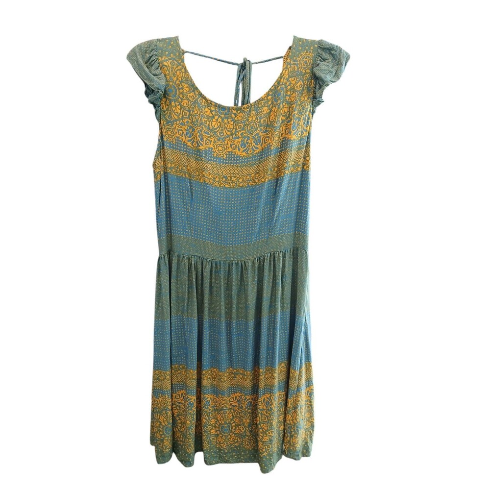 Pink Owl Sz Large Sundress Blue Yellow Cutout‎ Tie Cap Ruffle Sleeve Fit N Flare